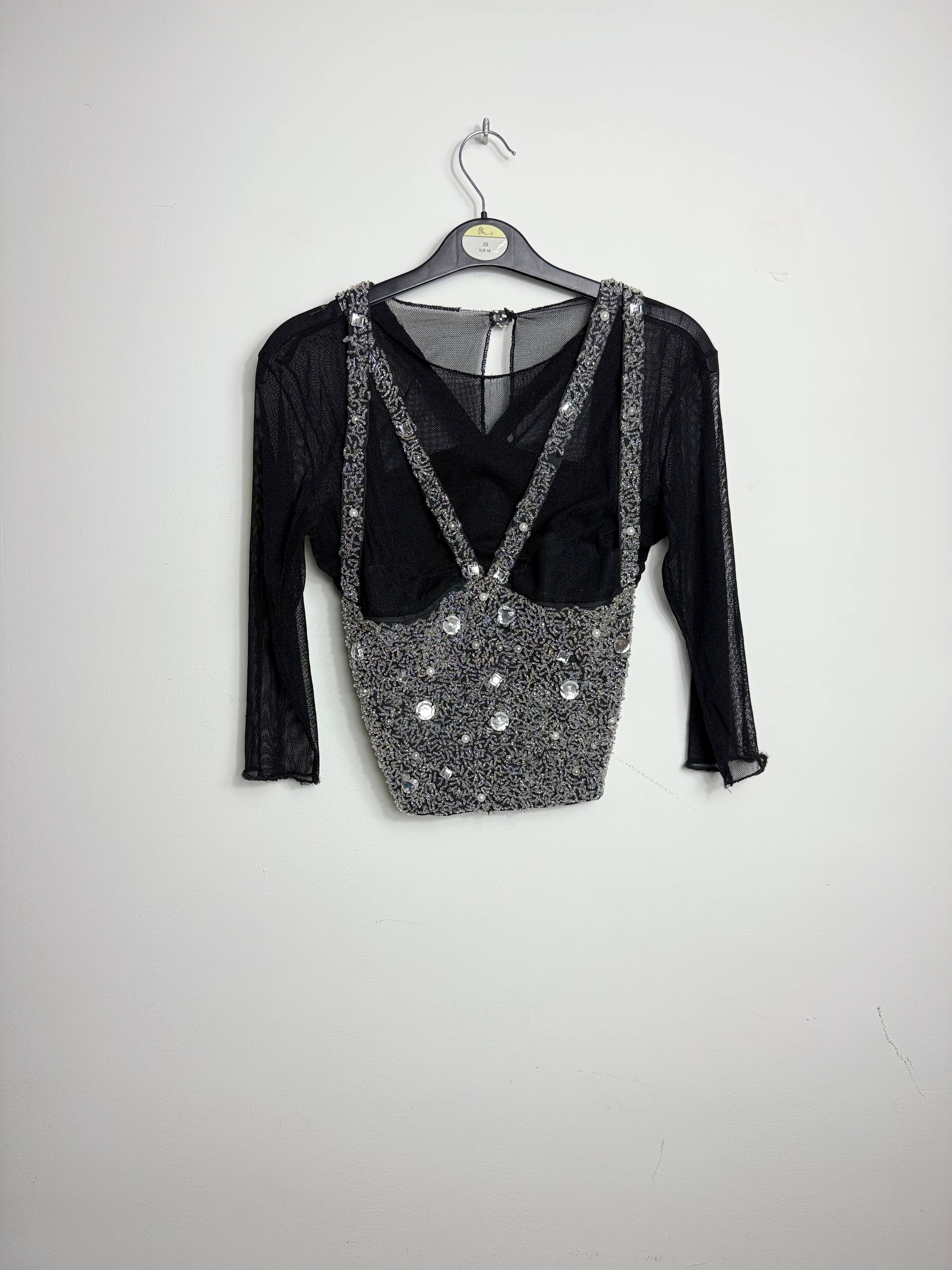 Vintage Mesh & Beaded Corset Top – Black & Silver