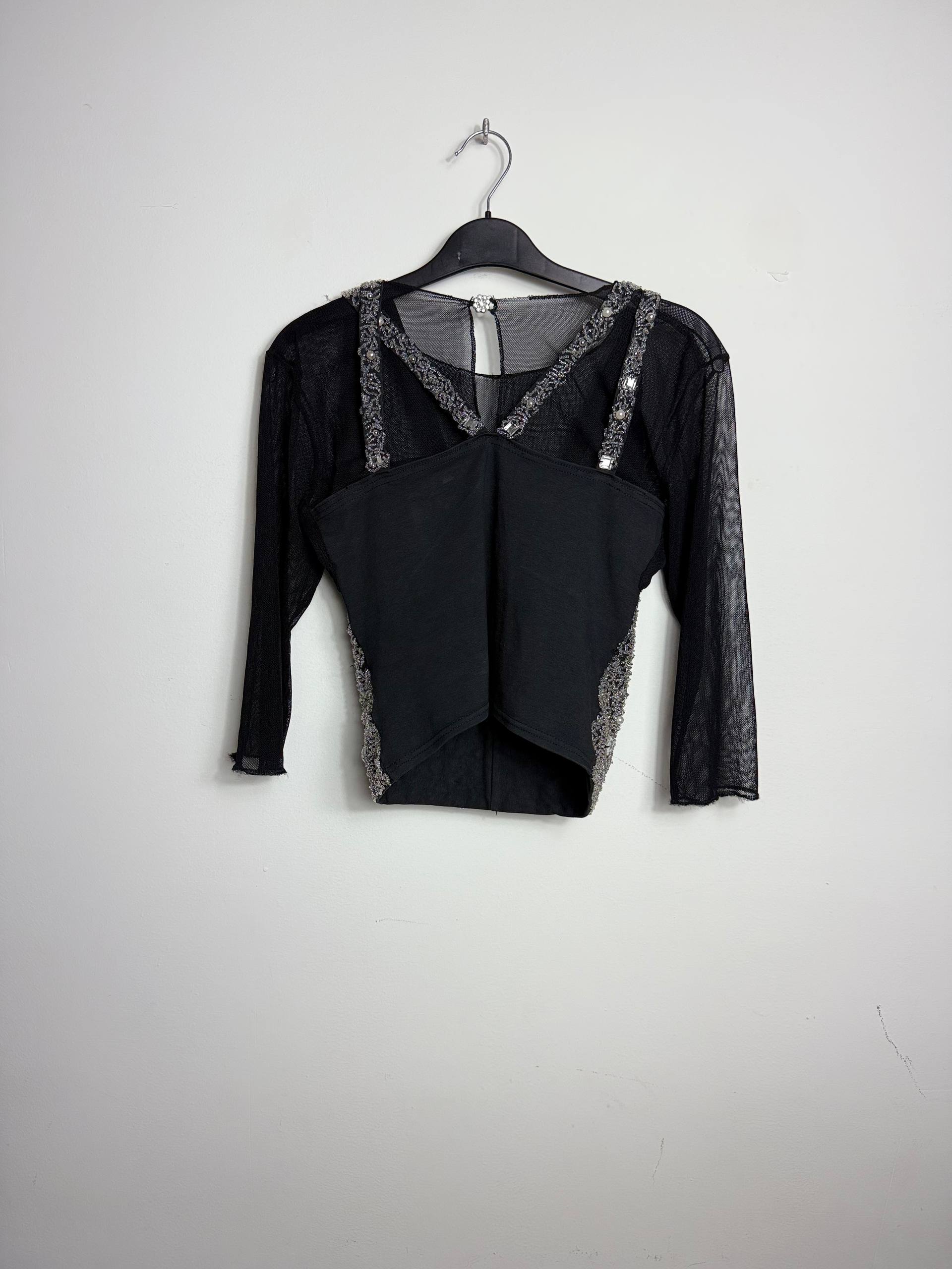 Vintage Mesh & Beaded Corset Top – Black & Silver