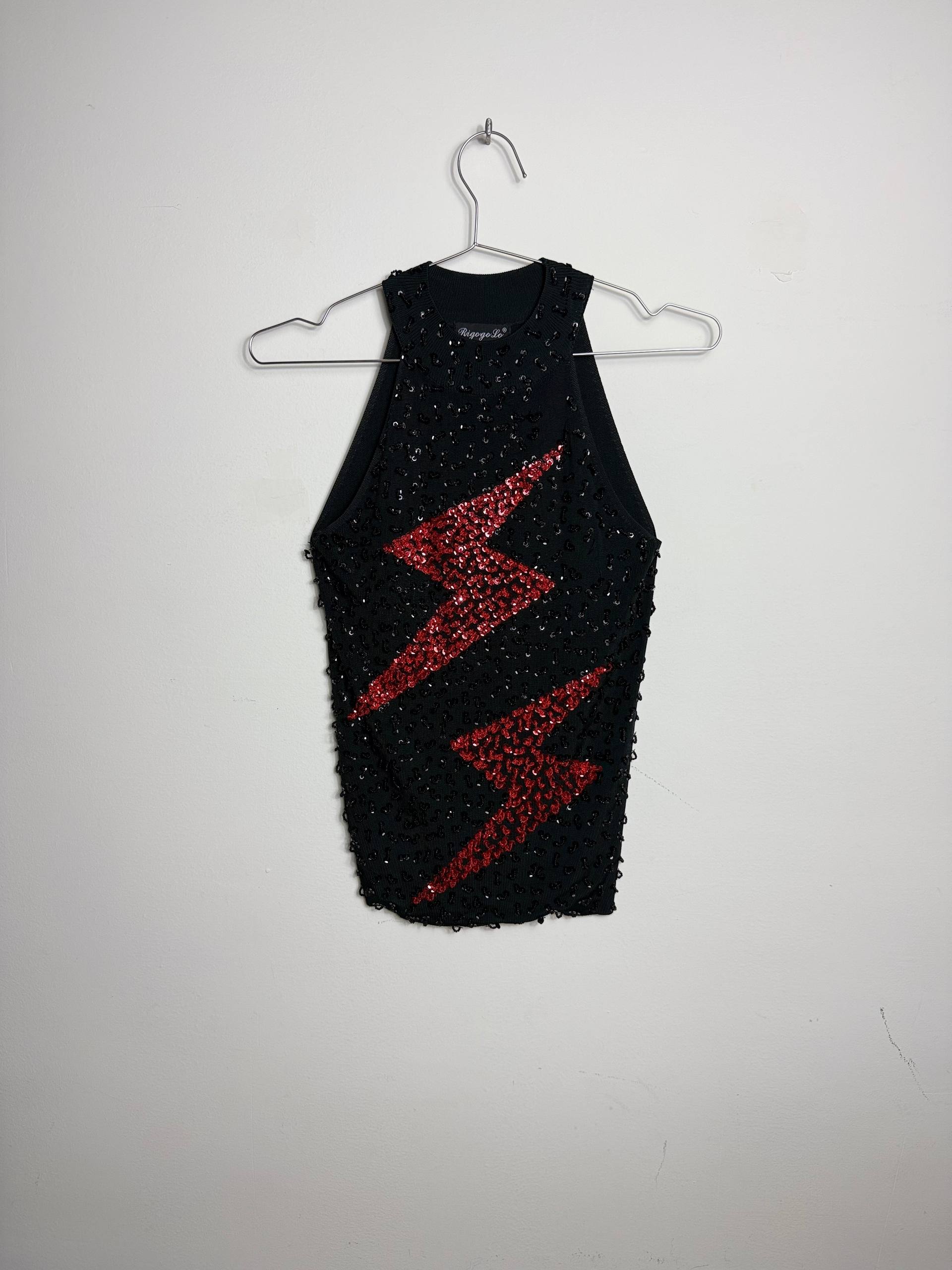 Vintage Beaded Lightning Tank Top – Black &amp; Red