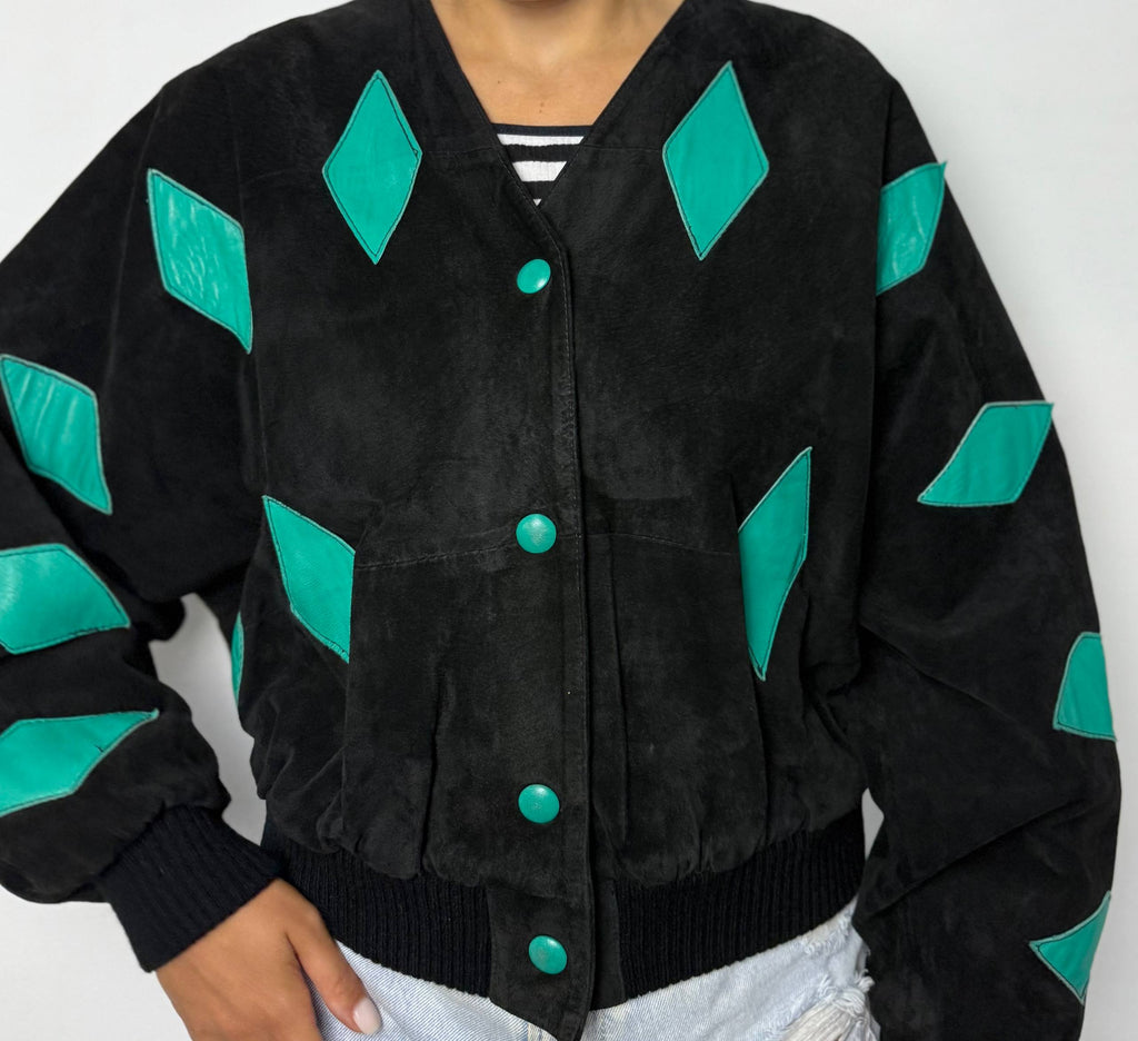 Michel Robs Black Jacket with Turquoise Leather Diamonds