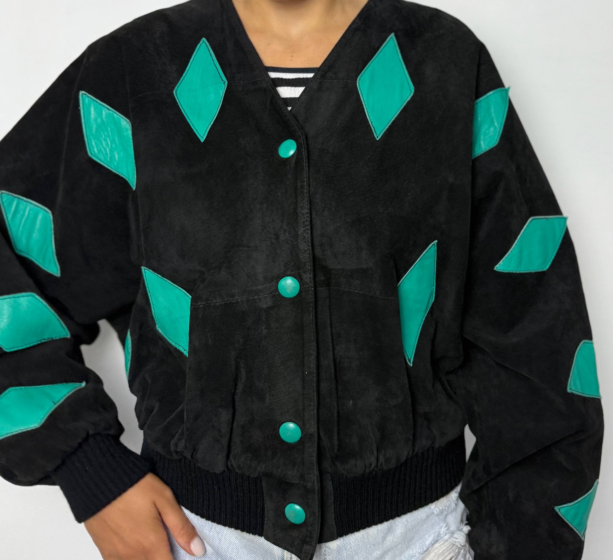 Michel Robs Black Jacket with Turquoise Leather Diamonds